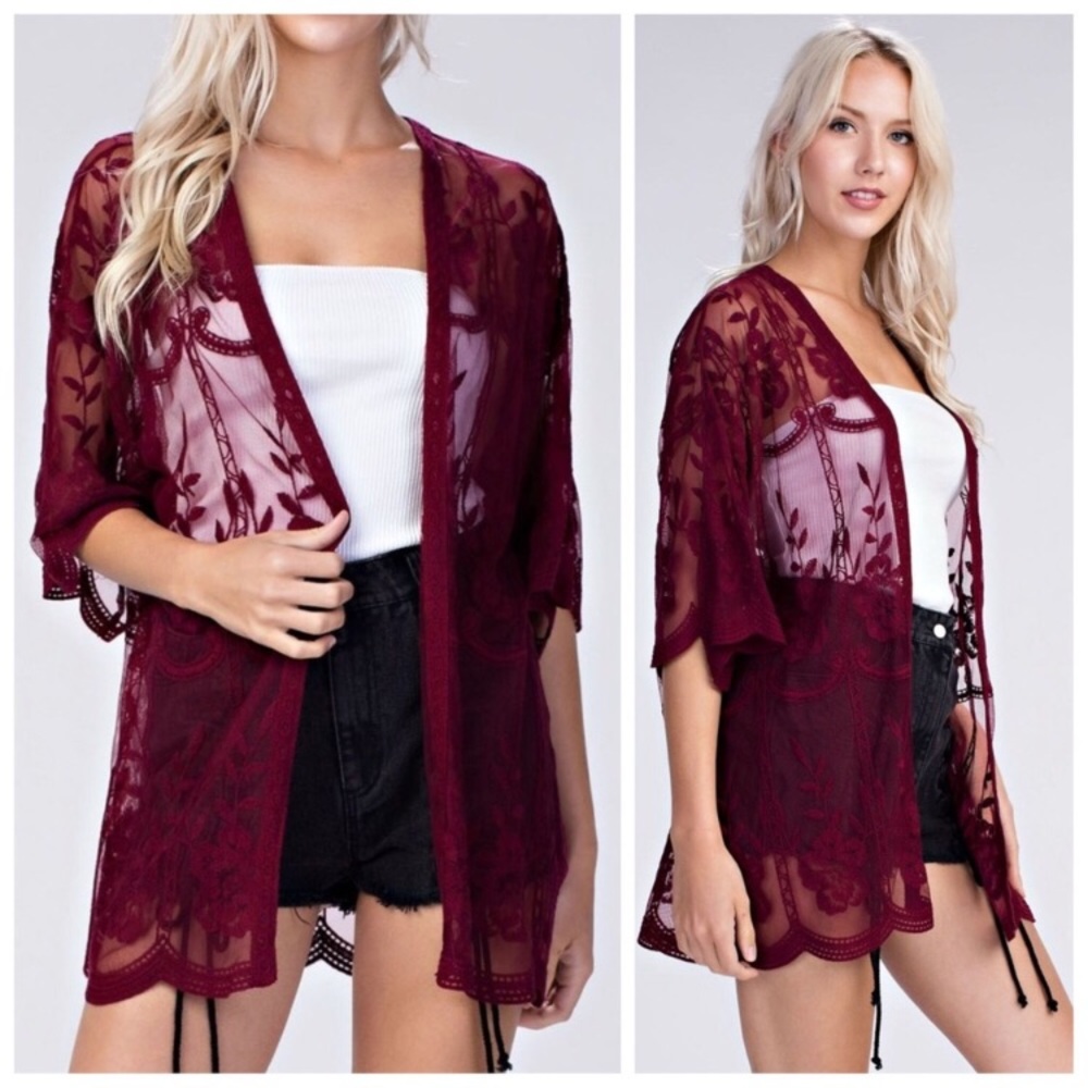 🖤Host Pick🖤 Maroon Sheer Lace Floral Kimono - Picture 2 of 5